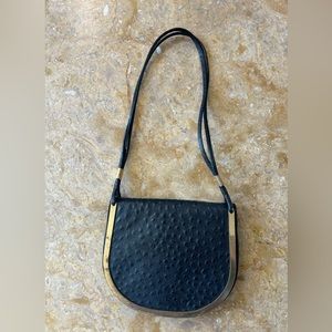 VINTAGE ostrich leather black shoulder bag purse with gold color hardware
